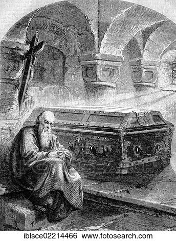 Stock Photograph - Monk beside the coffin of Henry IV on Meuse Island, historical wood engraving, circa 1888. Fotosearch