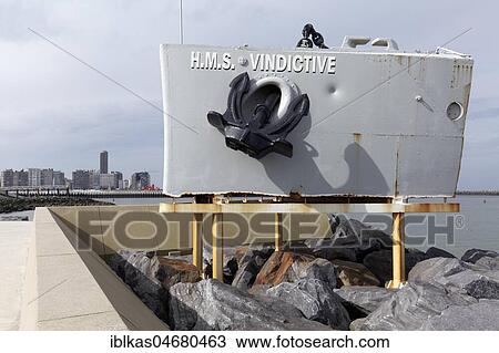 Stock Image - Monument H. M. S. Vindictive, bow of British cruiser from World War I, Ostend, Belgian coast, West Flanders, Belgium, Europe. Fotosearch