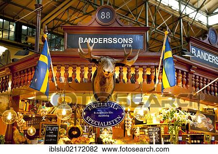 Moose antlers, Oestermalms Saluhall, market hall, Oestermalm, Stockholm, Sweden, Scandinavia, Europe View Large Photo Image Stock Image - Moose antlers, Oestermalms Saluhall, market hall, Oestermalm, Stockholm, Sweden, Scandinavia, Europe. Fotosearch