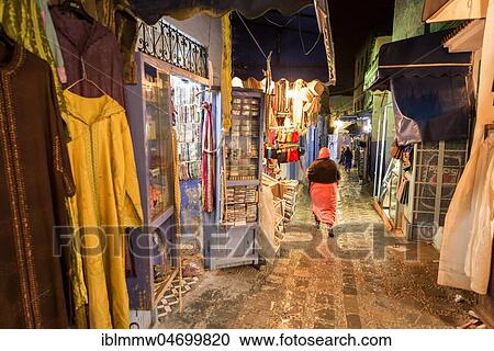 Stock Image - Moroccan bazaar in the evening, Old Town, Chefchaouen or Chaouen, Morocco, Africa. Fotosearch
