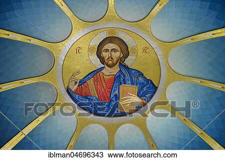 Stock Image - Mosaic with Christ Pantocrator, detail dome, Orthodox Resurrection Cathedral, Cathedral of the Resurrection of Christ, Katedralja e Ringjalljës së Krishtit, Tirana, Albania, Europe. Fotosearch