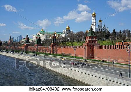 Stock Image - Moscow Kremlin on the bank of Moskva River with palace and cathedrals, Moscow, Russia, Europe. Fotosearch