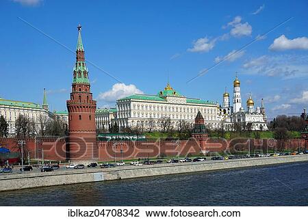 Stock Image - Moscow Kremlin with Cathedral of the Dormition, Archangel Michael Cathedral and Ivan the Great Bell Tower, Moscow Kremlin, Moscow, Russia, Europe. Fotosearch