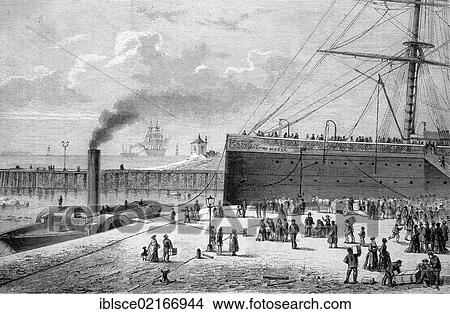 Picture - Mosel und Simson ships shortly before the bombing of the emigrant ship on 11th December 1875 in Bremerhaven, insurance fraud, historical wood engraving, 1886. Fotosearch
