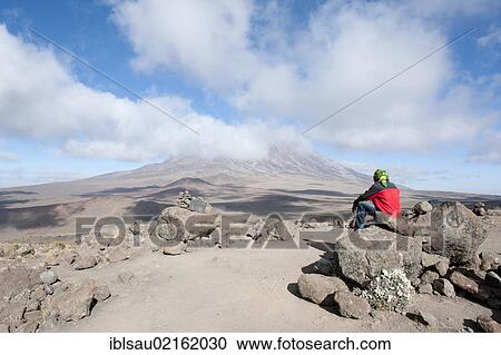 Mountaineer taking in views from East Lava Hill across the Kibo Saddle to the summit of Mount Kilimanjaro, in clouds, Marangu Route, Tanzania, East Africa, Africa View Large Photo Image Stock Image - Mountaineer taking in views from East Lava Hill across the Kibo Saddle to the summit of Mount Kilimanjaro, in clouds, Marangu Route, Tanzania, East Africa, Africa. Fotosearch