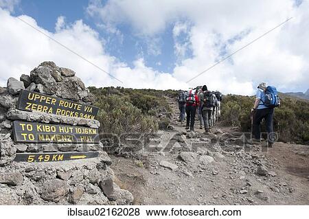 Stock Photo - Mountaineering, trekking, signposts, wooden signs above Horombo Hut en route to Kibo Hut via Zebra Rocks, group of mountaineers hiking along the path, Marangu route, Mount Kilimanjaro, Kibo, Tanzania, East Africa, Africa. Fotosearch