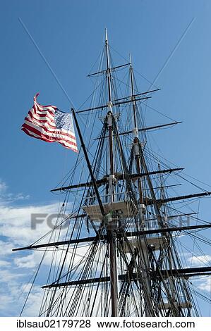 Museum ship, USS Constitution, masts, rigging and national flag, frigate of the U. S. Navy, Charlestown Navy Yard, Freedom Trail, Boston, Massachusetts, New England, USA, North America View Large Photo Image Stock Photo - Museum ship, USS Constitution, masts, rigging and national flag, frigate of the U. S. Navy, Charlestown Navy Yard, Freedom Trail, Boston, Massachusetts, New England, USA, North America. Fotosearch