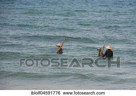 Mussel hunters, shellfish fishermen wearing straw hats, Cua Dai beach in Hoi An, Vietnam, Asia View Large Photo Image Stock Photograph - Mussel hunters, shellfish fishermen wearing straw hats, Cua Dai beach in Hoi An, Vietnam, Asia. Fotosearch