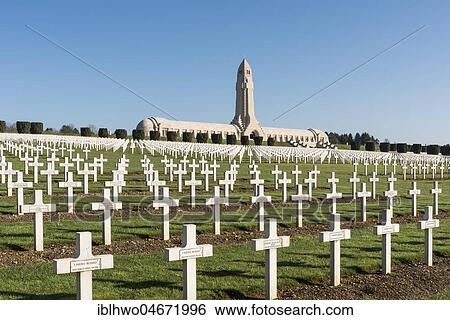 Stock Photograph - National military cemetery of fallen soldiers during World War I, Douaumont charnel house, Verdun, France, Europe. Fotosearch