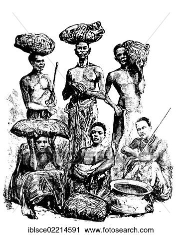 Stock Image - Native burden-bearers during an expedition in the Congo, historical woodcut, circa 1888. Fotosearch