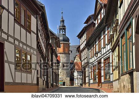 Stock Image - Niedergasse with Saigerturm, half-timbered houses, Stolberg im Harz, Saxony-Anhalt, Germany, Europe. Fotosearch