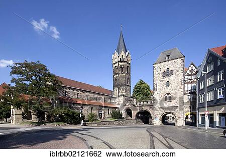Stock Image - Nikolaikirche church, Nikolaitor, a medieval city gate, Karlsplatz square, Eisenach, Thuringia, Germany, Europe, PublicGround, Europe. Fotosearch