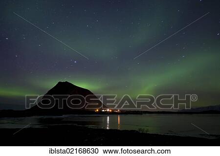 Stock Image - Northern lights, aurora borealis, near Hov, Lofoten Islands, Norway, Europe. Fotosearch