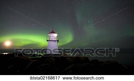 Northern lights, aurora borealis, lighthouse near Hov on the Lofoten Islands, Norway, Europe View Large Photo Image Stock Photo - Northern lights, aurora borealis, lighthouse near Hov on the Lofoten Islands, Norway, Europe. Fotosearch
