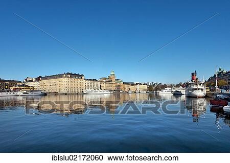 Stock Image - Nybroviken, New Bridge Bay, and the Radisson Hotel, Oestermalm, Stockholm, Sweden, Scandinavia, Europe. Fotosearch