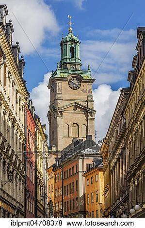 Stock Photo - Old architectural buildings and the church of St-Nicholas also known as Storkyrkan cathedral, Gamla Stan, Stockholm, Sweden, Europe. Fotosearch