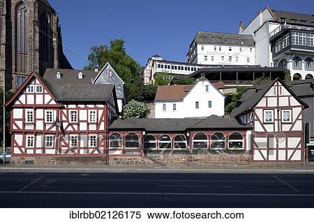 Stock Photography - Old brewery, half-timbered house, Lower Town, Marburg, Hesse, Germany, Europe, PublicGround, Europe. Fotosearch