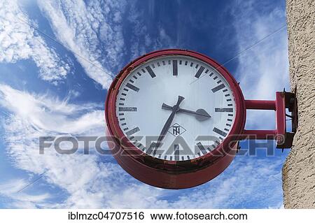 Stock Photograph - Old station clock on the premises of the Bavarian Railway Museum Nördlingen, Nördlingen, Bavaria, Germany, Europe. Fotosearch
