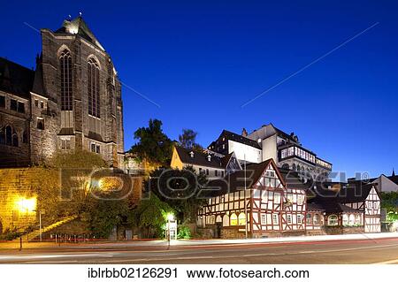 Stock Image - Old University, University Church, Old Brewery, half-timbered house, Marburg, Hesse, Germany, Europe, PublicGround, Europe. Fotosearch