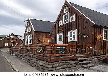 Old wooden houses, restaurant in the harbour of Husavik, Northern Iceland, Iceland, Europe View Large Photo Image Stock Photo - Old wooden houses, restaurant in the harbour of Husavik, Northern Iceland, Iceland, Europe. Fotosearch