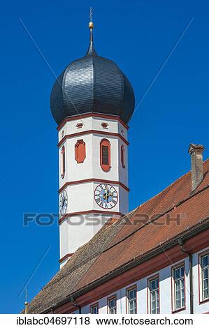 Stock Photo - Onion dome with tower clock, Beuerberg monastery, Upper Bavaria, Bavaria, Germany, Europe. Fotosearch
