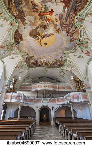 Stock Photo - Organ gallery and ceiling fresco, parish church St. Laurentius, Königsdorf, Upper Bavaria, Bavaria, Germany, Europe. Fotosearch
