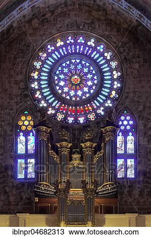 Stock Image - Organ gallery with rose window, rosette, interior, Church of St. Bartholomew, Roman Catholic parish church, Plaza de sa Constitucio, Sóller, Serra de Tramuntana, Majorca, Balearic Islands, Spain, Europe. Fotosearch