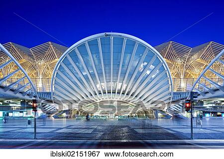 Oriente Station, Garo do Oriente, designed by Spanish architect Santiago Calatrava, on the grounds of the Parque das Nacoes, site of World Expo 98, at night, in Lisbon, Portugal, Europe View Large Photo Image Stock Photo - Oriente Station, Garo do Oriente, designed by Spanish architect Santiago Calatrava, on the grounds of the Parque das Nacoes, site of World Expo 98, at night, in Lisbon, Portugal, Europe. Fotosearch