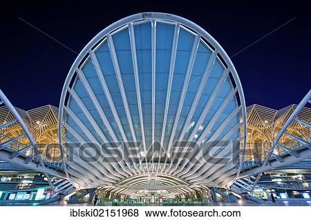 Oriente Station, Garo do Oriente, designed by Spanish architect Santiago Calatrava, on the grounds of the Parque das Nacoes, site of World Expo 98, at night, in Lisbon, Portugal, Europe View Large Photo Image Stock Photo - Oriente Station, Garo do Oriente, designed by Spanish architect Santiago Calatrava, on the grounds of the Parque das Nacoes, site of World Expo 98, at night, in Lisbon, Portugal, Europe. Fotosearch