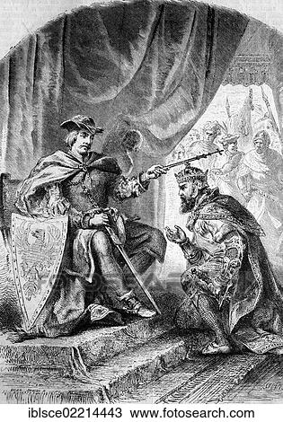 Stock Image - Ottokar of Bohemia paying homage in front of Rudolph of Hapsburg, historical wood engraving, circa 1888. Fotosearch