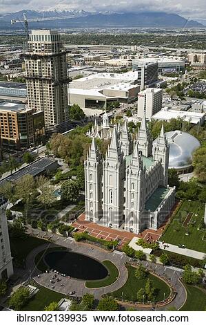 Stock Photography - Overlooking the city centre with the Salt Lake Temple of The Church of Jesus Christ of Latter-day Saints, Mormons, and the Salt Lake Tabernacle behind Salt Lake City, Utah, USA, North America. Fotosearch