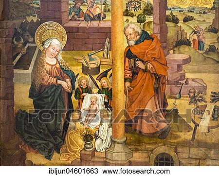 Stock Image - Painting Christmas scene, Birth of Christ, c. 1480, Museum Unterlinden, Musée Unterlinden, Colmar, Alsace, France, Europe. Fotosearch