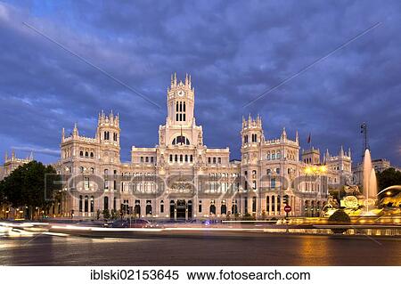 Palacio de Comunicaciones, at night, former headquarters of the postal service, now the Town Hall and City Council, Plaza de la Cibeles square, Madrid, Spain, Europe View Large Photo Image Stock Photography - Palacio de Comunicaciones, at night, former headquarters of the postal service, now the Town Hall and City Council, Plaza de la Cibeles square, Madrid, Spain, Europe. Fotosearch