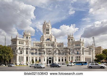 Stock Image - Palacio de Comunicaciones, former headquarters of the postal service, now the Town Hall and City Council, Plaza de la Cibeles square, Madrid, Spain, Europe. Fotosearch