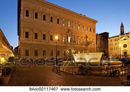 Palazzo Farnese with one of the granite basins from the frigidarium of Caracalla on the Piazza Farnese, now serving as a fountain, at dusk, Rome, Italy, Europe View Large Photo Image Stock Photo - Palazzo Farnese with one of the granite basins from the frigidarium of Caracalla on the Piazza Farnese, now serving as a fountain, at dusk, Rome, Italy, Europe. Fotosearch