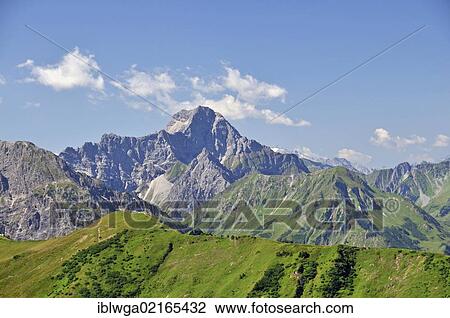 Stock Image - Panoramic view from Mt Nebelhorn to Mt Widderstein, 2533m, Allgaeu, Kleinwalsertal valley, Vorarlberg, Austria, Europe, PublicGround, Europe. Fotosearch