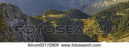 Stock Photo - Panoramic view, Schachenhaus mountain lodge, Garmisch-Partenkirchen, Wetterstein mountain range, Bavaria, Germany, Europe. Fotosearch