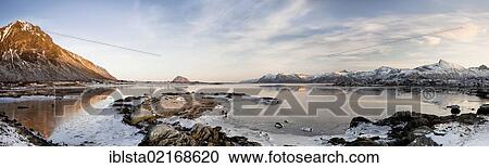 Stock Image - Panoramic view with Mount Hov, Lofoten Islands, Norway, Europe. Fotosearch