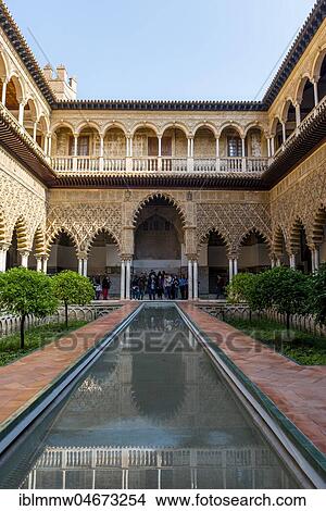 Patio de las Doncellas, Court of the Virgins, an Italian Renaissance courtyard, 1540 to 1572, with stucco arabesques in the Mudejares style, Alcazar, Royal Palace of Seville, Seville, Spain, Europe View Large Photo Image Picture - Patio de las Doncellas, Court of the Virgins, an Italian Renaissance courtyard, 1540 to 1572, with stucco arabesques in the Mudejares style, Alcazar, Royal Palace of Seville, Seville, Spain, Europe. Fotosearch