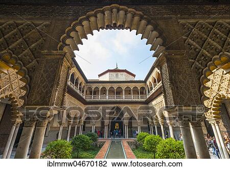 Patio de las Doncellas, Court of the Virgins, an Italian Renaissance courtyard, 1540 to 1572, with stucco arabesques in the Mudejares style, Alcazar, Royal Palace of Seville, Seville, Spain, Europe View Large Photo Image Stock Image - Patio de las Doncellas, Court of the Virgins, an Italian Renaissance courtyard, 1540 to 1572, with stucco arabesques in the Mudejares style, Alcazar, Royal Palace of Seville, Seville, Spain, Europe. Fotosearch