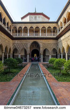 Stock Photo - Patio de las Doncellas, Court of the Virgins, an Italian Renaissance courtyard, 1540 to 1572, with stucco arabesques in the Mudejares style, Alcazar, Royal Palace of Seville, Seville, Spain, Europe. Fotosearch
