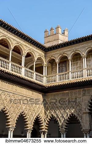 Stock Photography - Patio de las Doncellas, Court of the Virgins, an Italian Renaissance courtyard, 1540 to 1572, with stucco arabesques in the Mudejares style, Alcazar, Royal Palace of Seville, Seville, Spain, Europe. Fotosearch