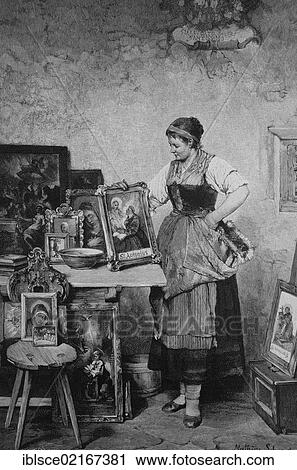 Stock Image - Patrons, woman with images of saints, historical engraving, 1880. Fotosearch