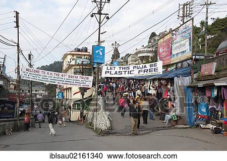 Pedestrians in the town centre, Nehru Road, The Mall, banner calling for avoidance of plastic, Darjeeling, West Bengal, India, South Asia, Asia View Large Photo Image Stock Image - Pedestrians in the town centre, Nehru Road, The Mall, banner calling for avoidance of plastic, Darjeeling, West Bengal, India, South Asia, Asia. Fotosearch