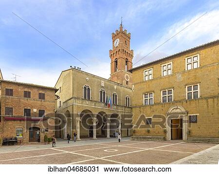 Stock Image - Piazza Pio II with Town Hall, Pienza, Tuscany, Italy, Europe. Fotosearch