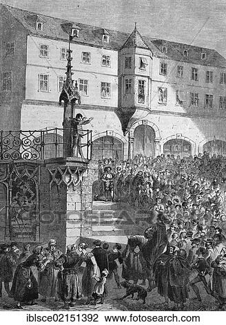 Stock Image - Pillory, Schwaebisch Hall, Baden-Wuerttemberg, Germany, historical engraving, 1869, Europe. Fotosearch