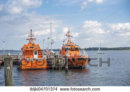 Picture - Pilot boats in the mouth of the Trave, Travemünde, Baltic Sea, Schleswig-Holstein, Germany, Europe. Fotosearch