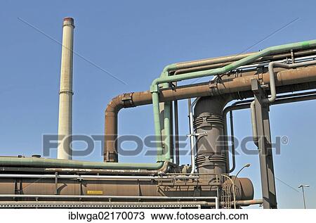 Stock Image - Pipes for furnace gas, coke oven gas and mixed gas, ThyssenKrupp Steel works in Hamborn, Schwelgern, coking plant and furnaces, Duisburg, North Rhine-Westphalia, Germany, Europe, PublicGround, Europe. Fotosearch