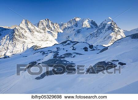 Stock Photo - Piz Tschierva, 3546 m, Piz Morteratsch, 3751 m, Piz Bernina, 049 m, Piz Roseg, 3937 m, view from Piz Corvatsch, Graubuenden, Switzerland, Europe. Fotosearch