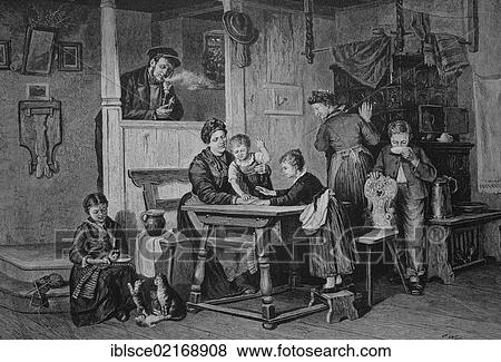 Stock Photo - Playing with children on a Sunday afternoon in a public house, historical engraving, 1883. Fotosearch